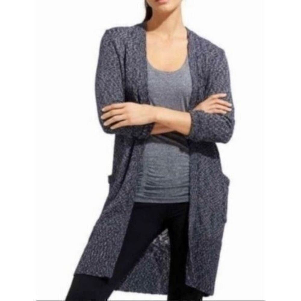 Athleta Womens Navy Blue Marled Knit Longline Cardigan Open Front Pocket Sweater